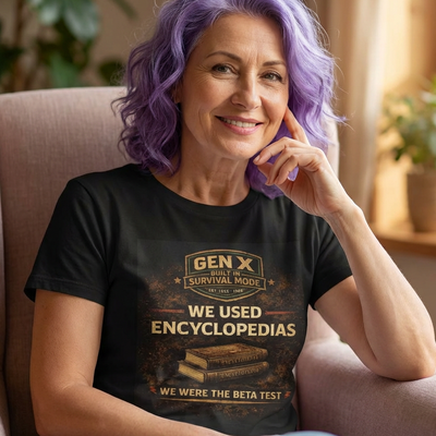 Woman sitting on a couch wearing a black t-shirt with text and graphics.
