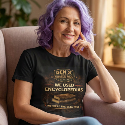 Woman sitting on a couch wearing a black t-shirt with text and graphics.