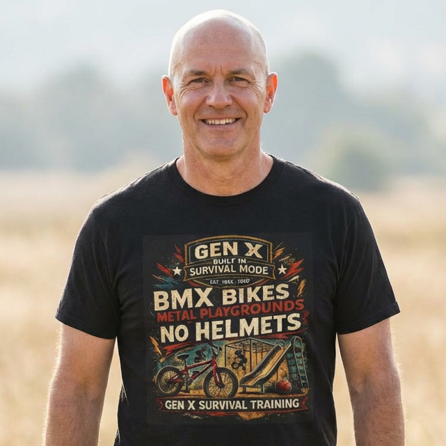 Man wearing a black t-shirt with a graphic design and text.