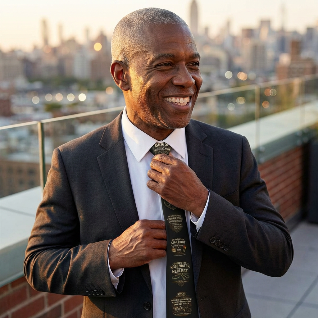 Man adjusting his tie on a rooftop with a cityscape background