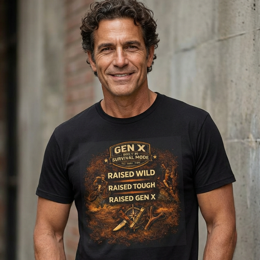 Man wearing a black t-shirt with 'Gen X' graphic design against a concrete wall.