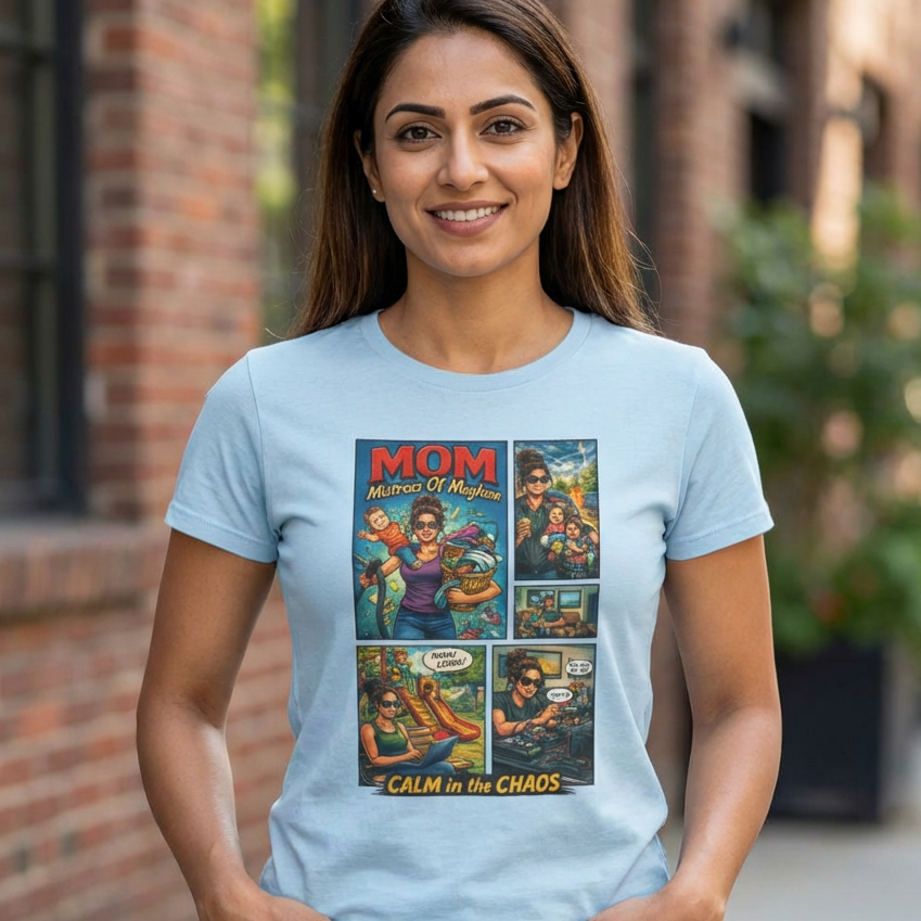 Woman wearing a light blue t-shirt with a graphic design in an urban setting