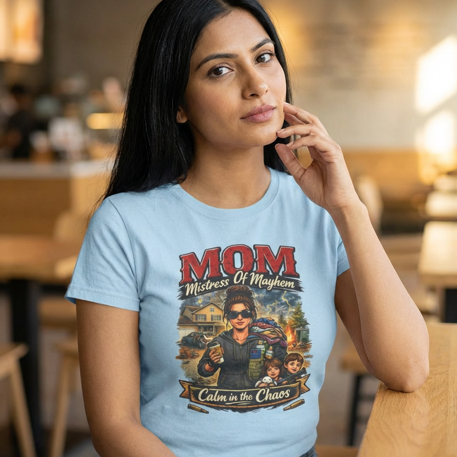 Woman wearing a light blue t-shirt with a graphic design and text in a casual setting.