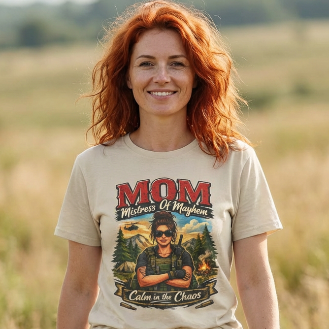 Woman wearing a t-shirt with a graphic design in a field