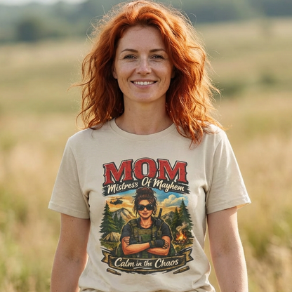 Woman wearing a t-shirt with a graphic design in a field