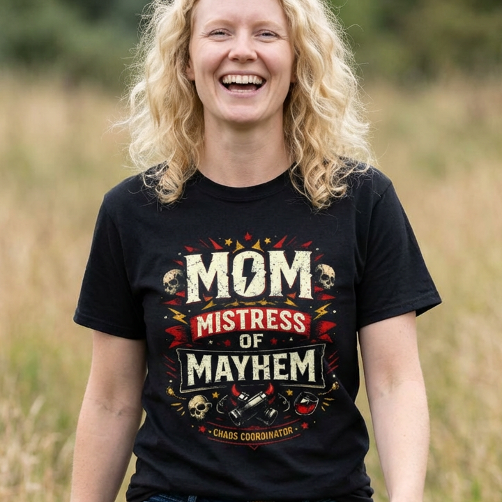 Woman wearing a black t-shirt with 'Mom Mistress of Mayhem' text in a field