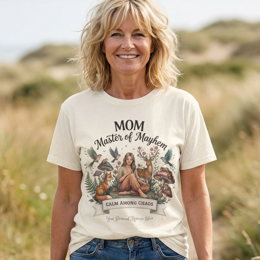 Woman wearing a t-shirt with a graphic design and text, standing in a natural setting.