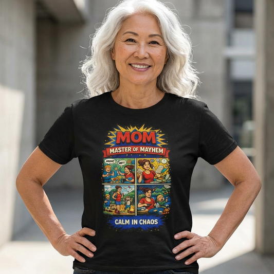 This comic-inspired design celebrates the real-life superhero; Mom: Master of Mayhem, handling every moment with calm confidence