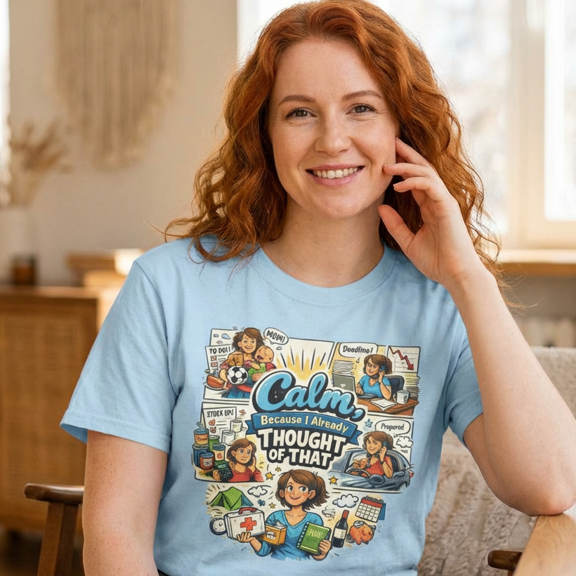 Woman wearing a light blue t-shirt with a colorful graphic design in a living room.