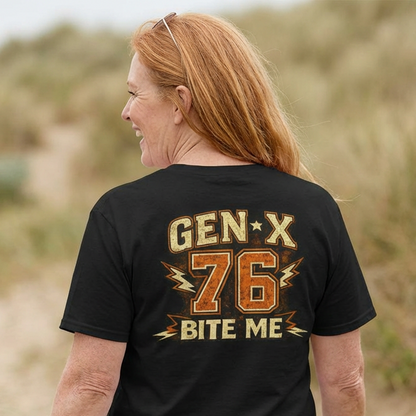 Person wearing a black t-shirt with 'GEN-X 76 BITE ME' text in an outdoor setting.