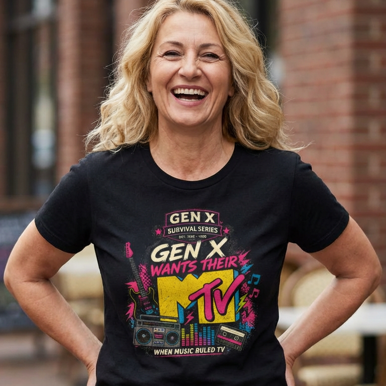 Woman wearing a black t-shirt with colorful graphics and text, standing outdoors.