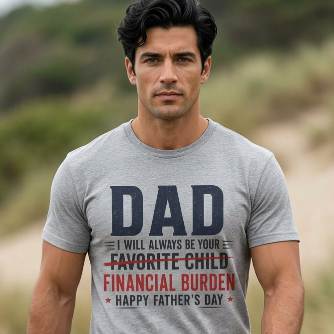 Man wearing a gray t-shirt with a humorous Father's Day message in a natural setting.
