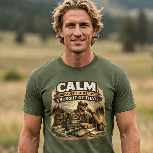 Man wearing a green t-shirt with a graphic design and text, standing in a field with mountains in the background.