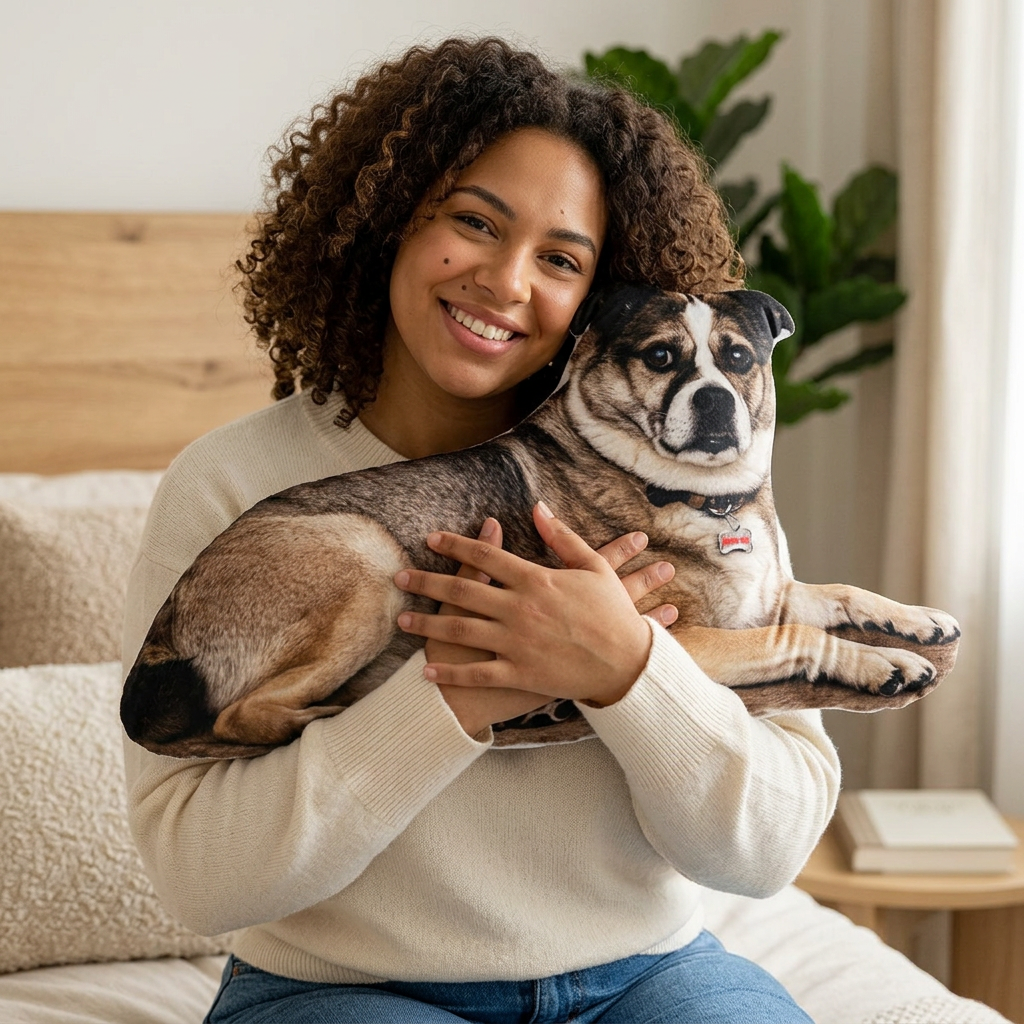 Woman holding a dog pillow in a cozy living room