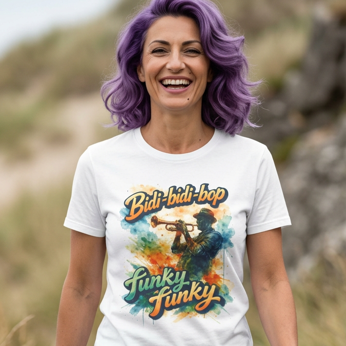 Woman wearing a white t-shirt with colorful graphic and text, standing in a natural setting.