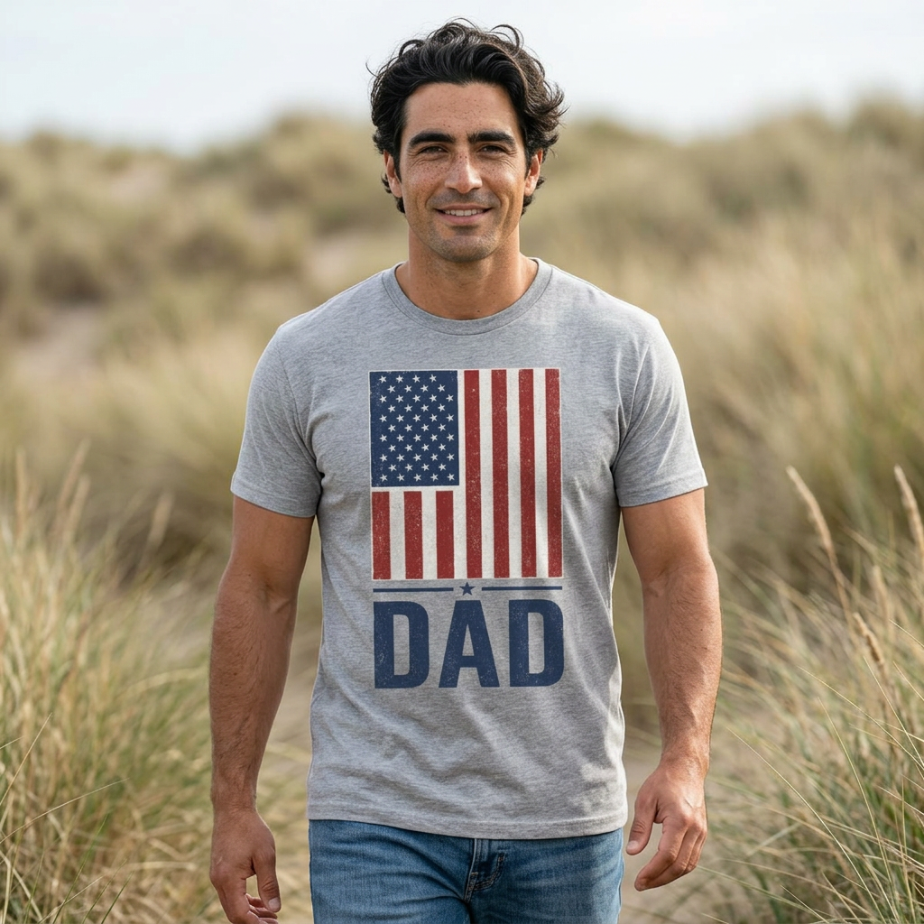 Man wearing a gray t-shirt with an American flag and 'DAD' text, standing in a grassy field.