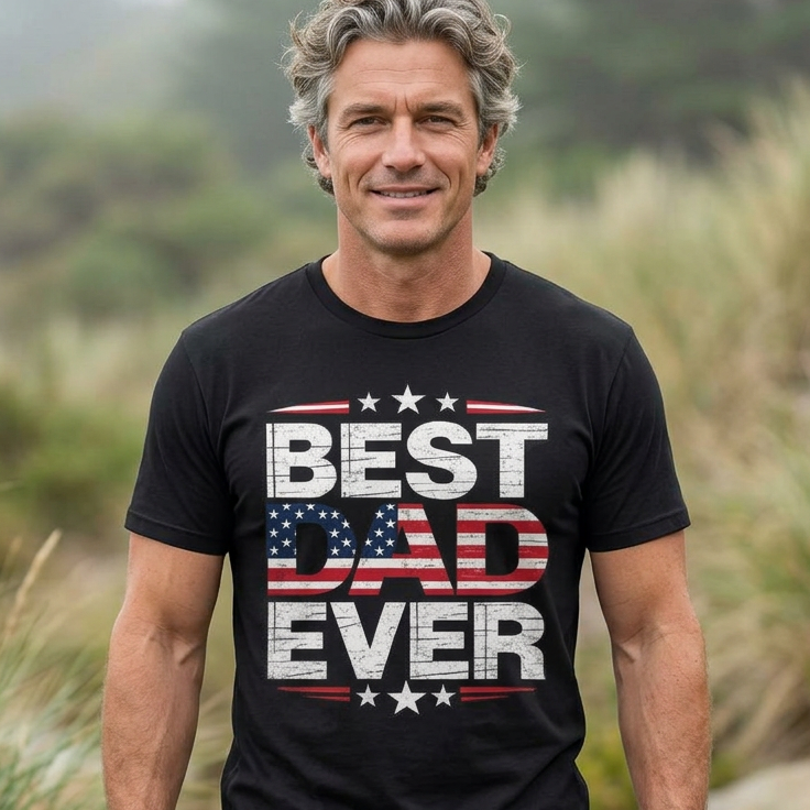 Man wearing a black t-shirt with 'Best Dad Ever' text, standing outdoors.