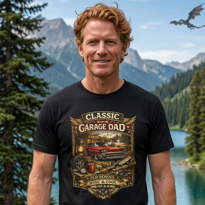 Man wearing a 'Classic Garage Dad' t-shirt in a scenic outdoor setting with mountains and a lake.