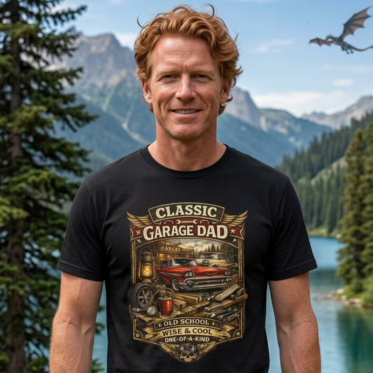 Man wearing a 'Classic Garage Dad' t-shirt in a scenic outdoor setting with mountains and a lake.