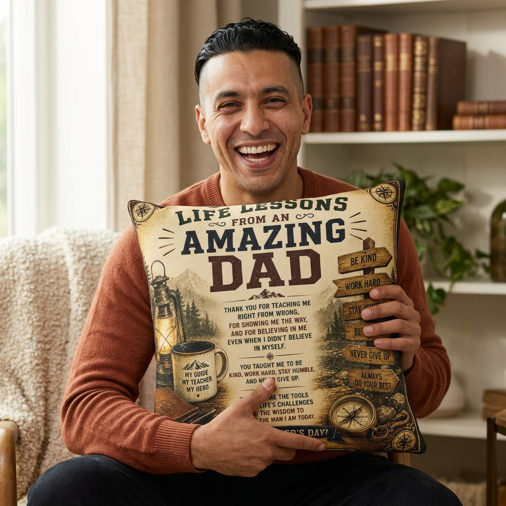 write a product description for this double sided pillow for dad on father's day: