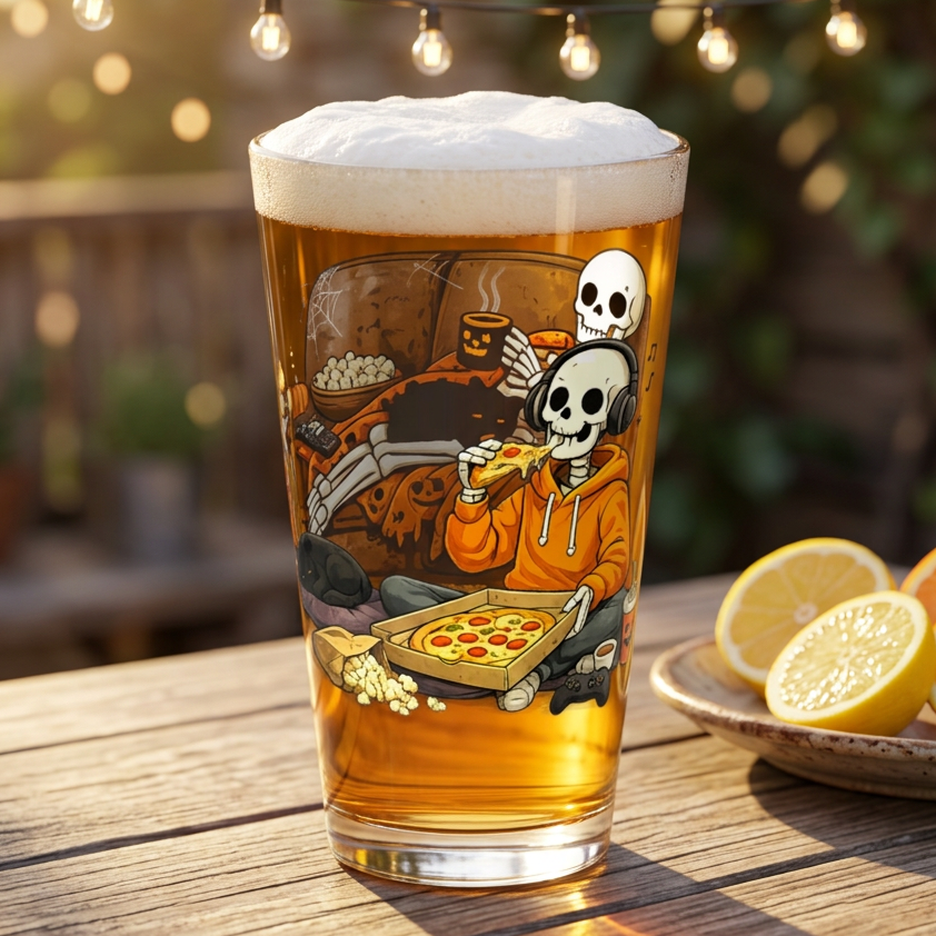 A pint glass filled with amber beer and topped with white foam, featuring a cartoon skeleton in an orange hoodie eating pizza. The glass sits on a wooden table outdoors with string lights, lemons, and oranges blurred in the background.