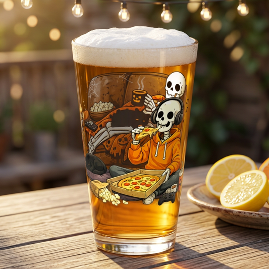 A pint glass filled with amber beer and topped with white foam, featuring a cartoon skeleton in an orange hoodie eating pizza. The glass sits on a wooden table outdoors with string lights, lemons, and oranges blurred in the background.