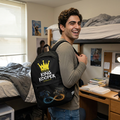 A man smiling in a dorm room while wearing a black King Kooper backpack with yellow, blue, and orange graphic details.