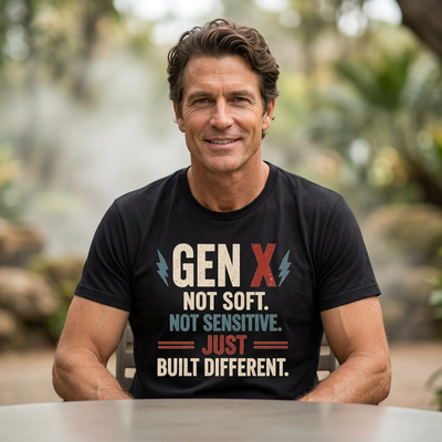 A smiling man wearing a black graphic T-shirt with the text 'GEN X NOT SOFT. NOT SENSITIVE.
