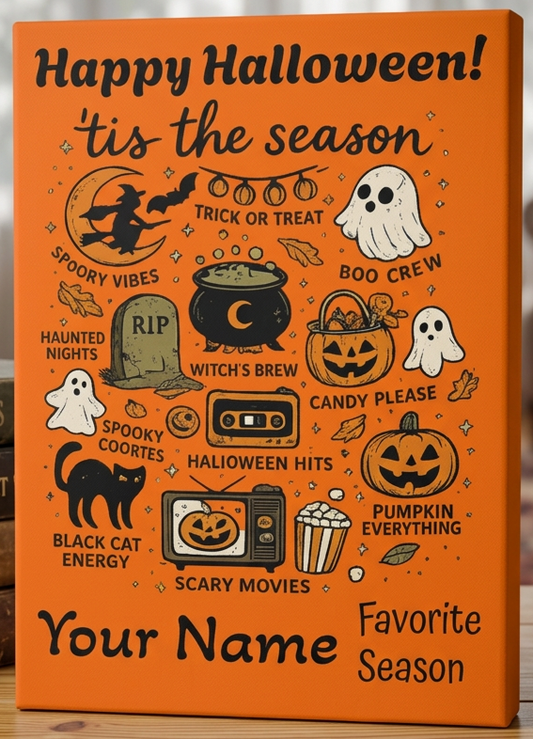 An orange personalized canvas print with Halloween-themed illustrations and text, standing on a wooden table next to a stack of books in a cozy living room setting.