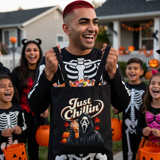 A man in a Halloween costume holding a black tote bag with a Ghostface graphic and the words 'Just Chillin''. Children and adults in skeleton costumes are gathered outdoors in front of houses decorated for Halloween.