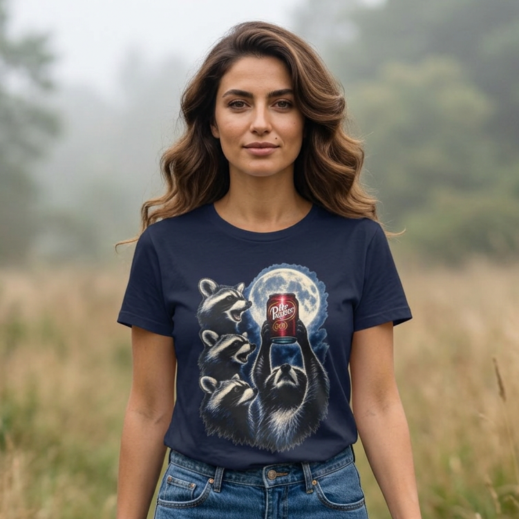 Raccoons Worshiping a can of Dr. Pepper Soda With Full Moon Comfortable Cotton T-Shirt