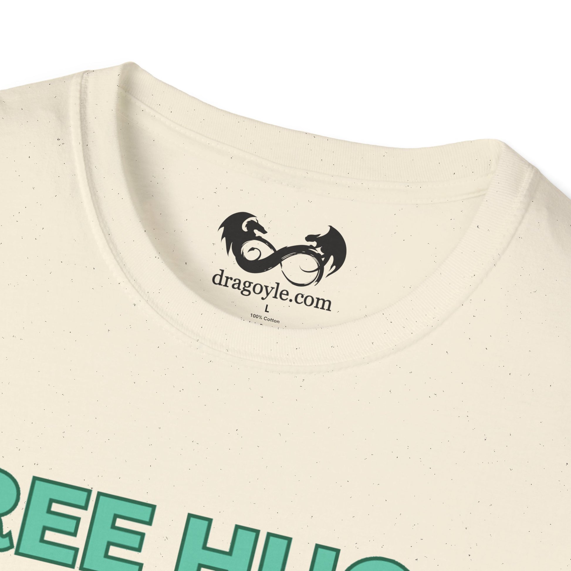 Beige t-shirt with a black logo and text on a white background