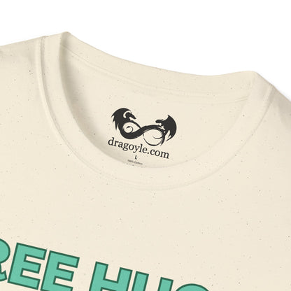 Beige t-shirt with a black logo and text on a white background