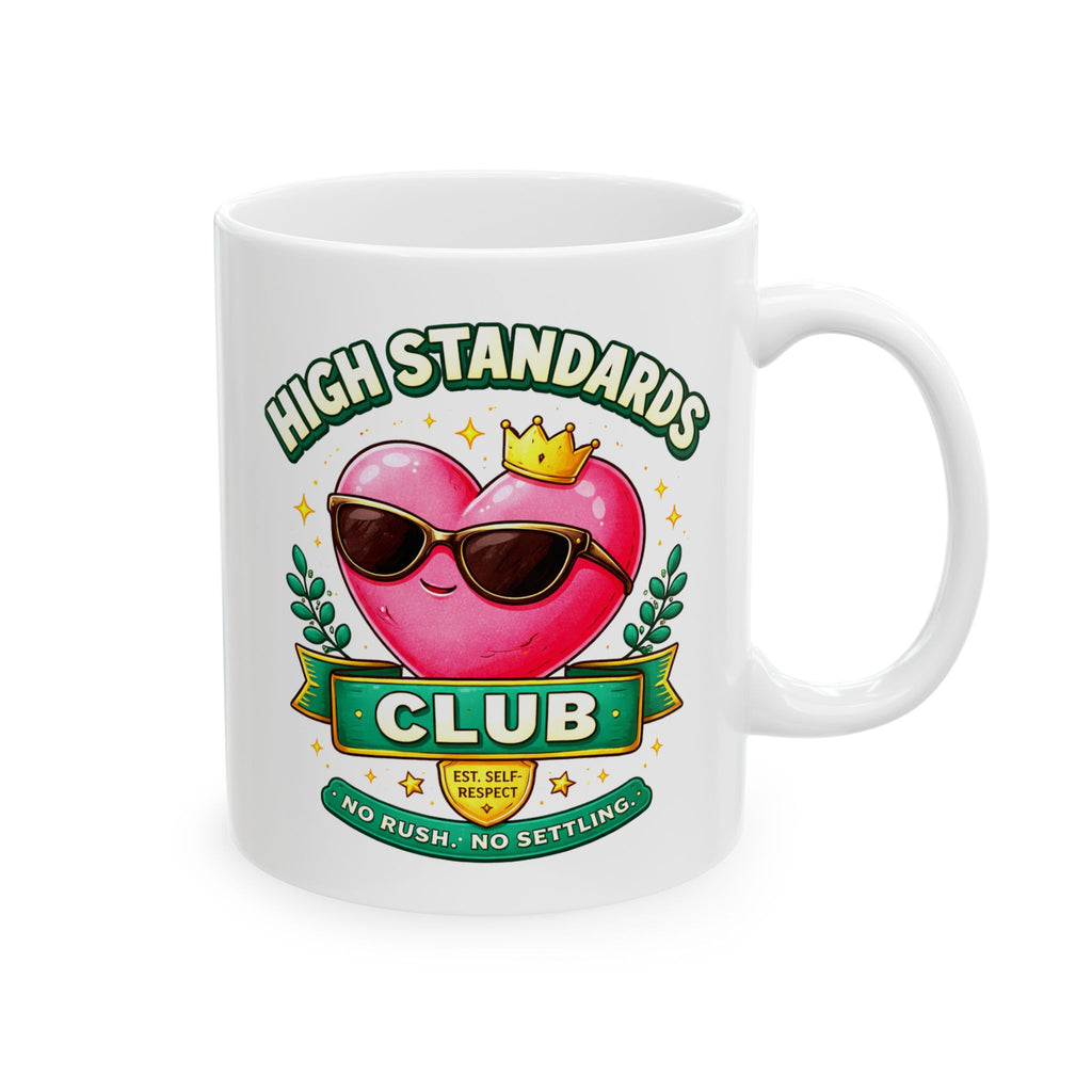 White mug with a heart design and 'High Standards Club' text on a white background
