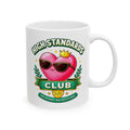 White mug with a heart design and 'High Standards Club' text on a white background