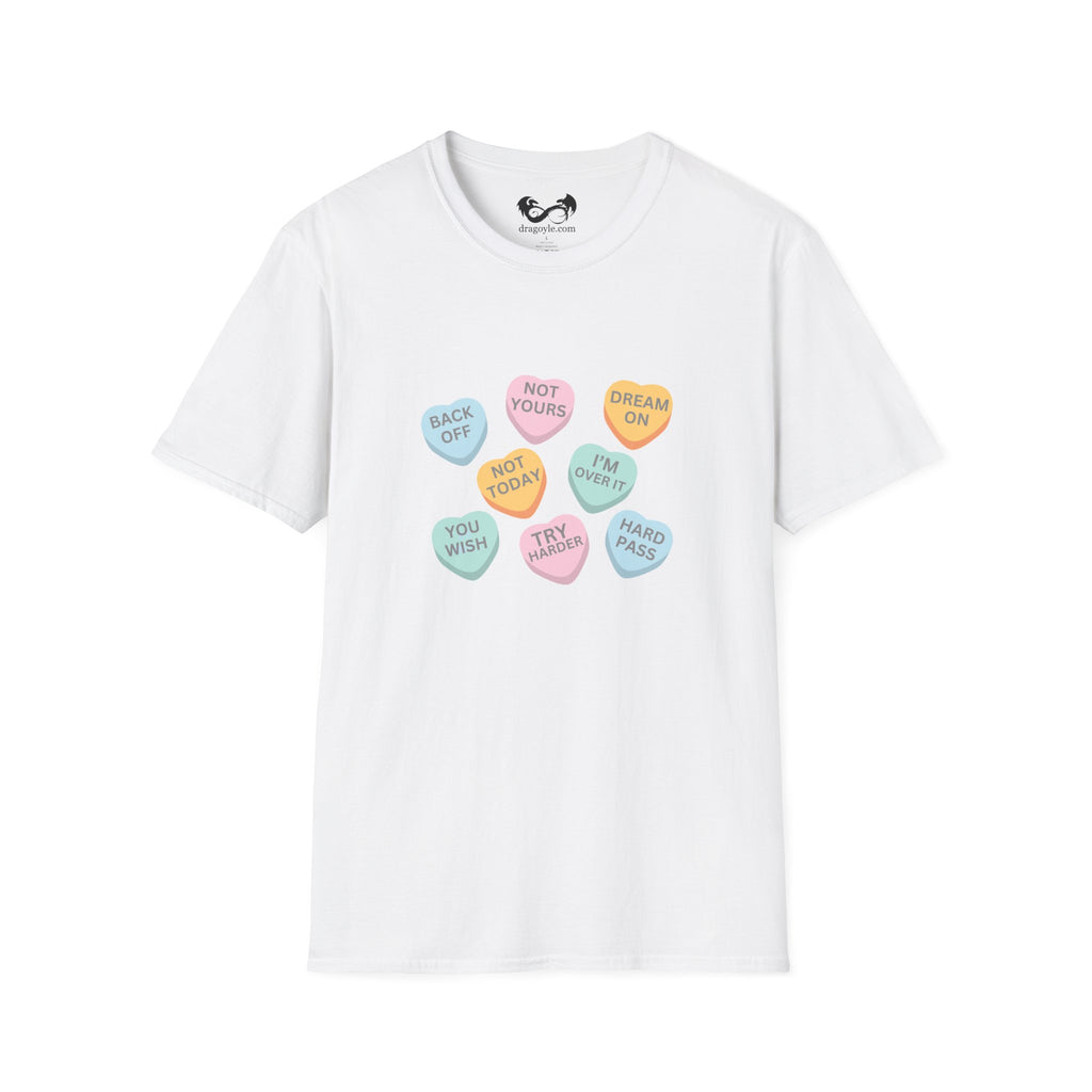 White t-shirt with colorful candy heart graphics on a white background