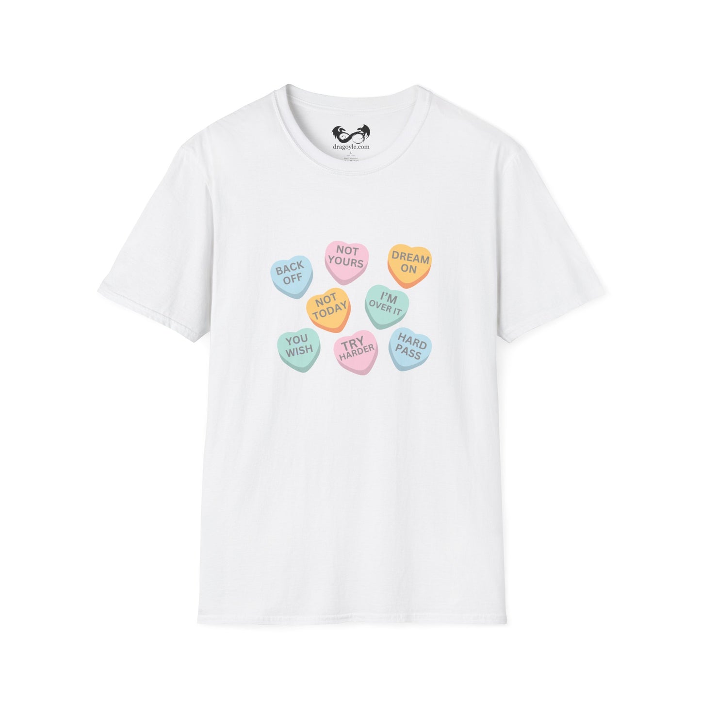 White t-shirt with colorful candy heart graphics on a white background