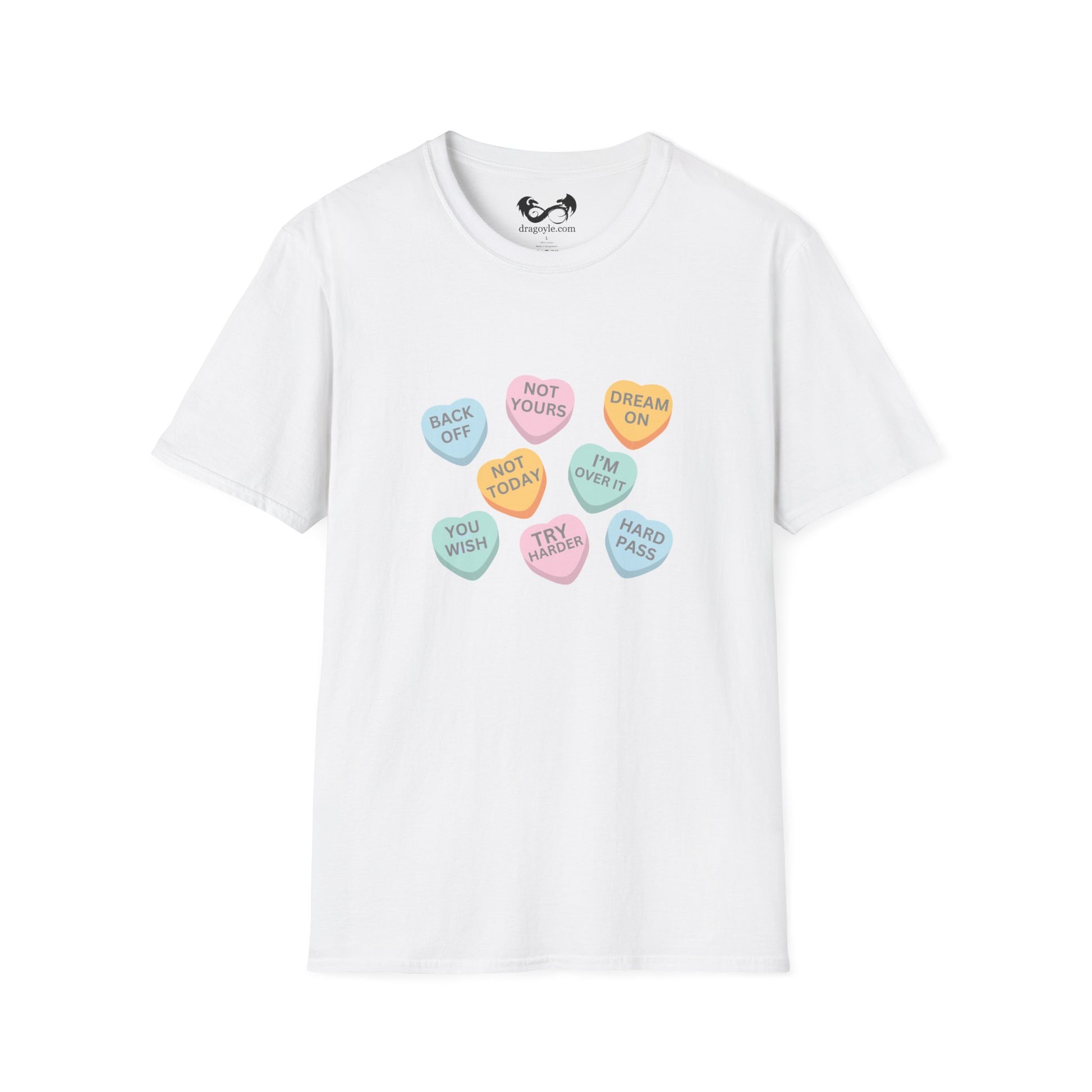 White t-shirt with colorful candy heart graphics on a white background