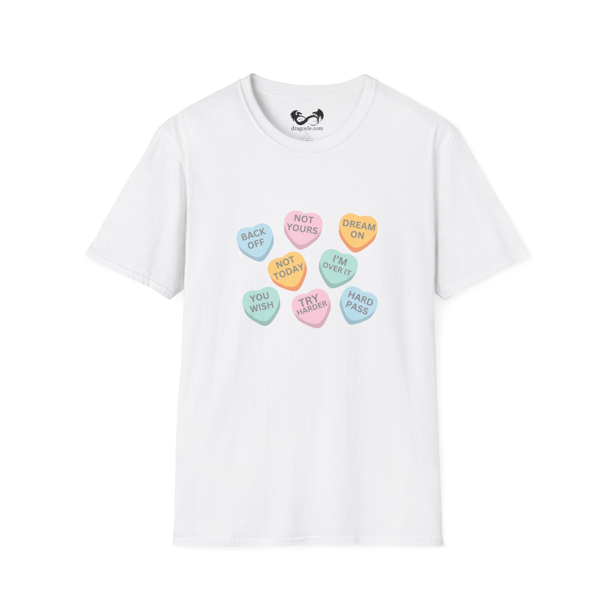 White t-shirt with colorful candy heart graphics on a white background