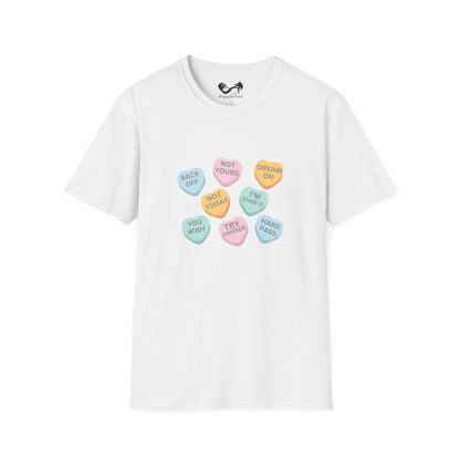 White t-shirt with colorful candy heart graphics on a white background