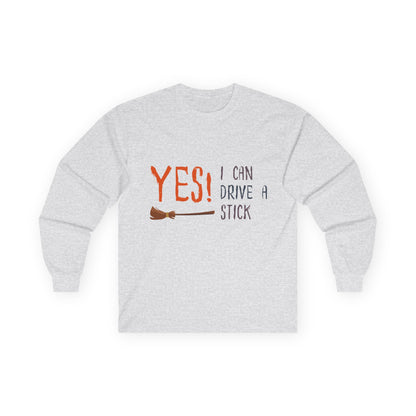 Gray sweatshirt with 'YES! I can drive a stick' text on a white background