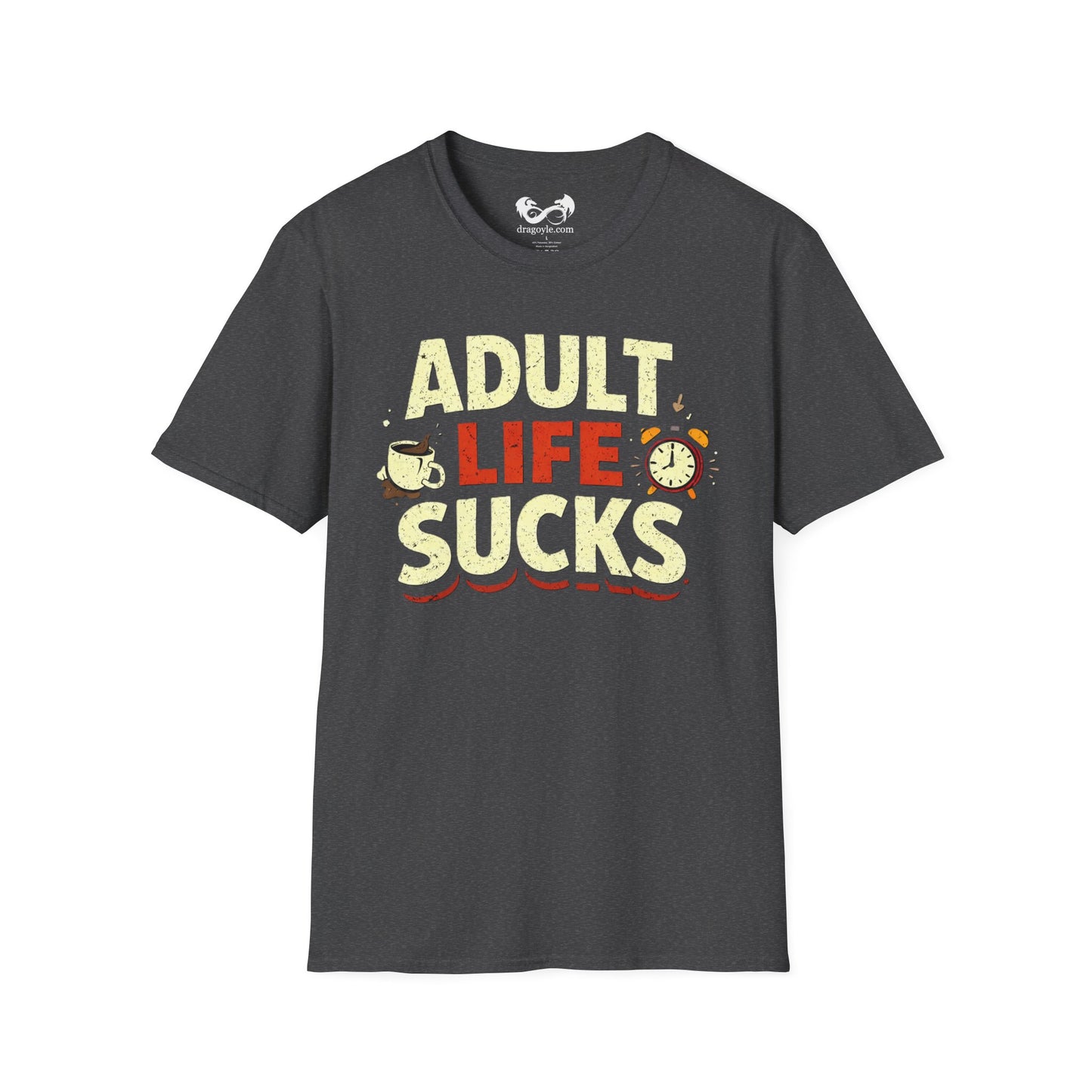 Gray t-shirt with 'Adult Life Sucks' text on a white background