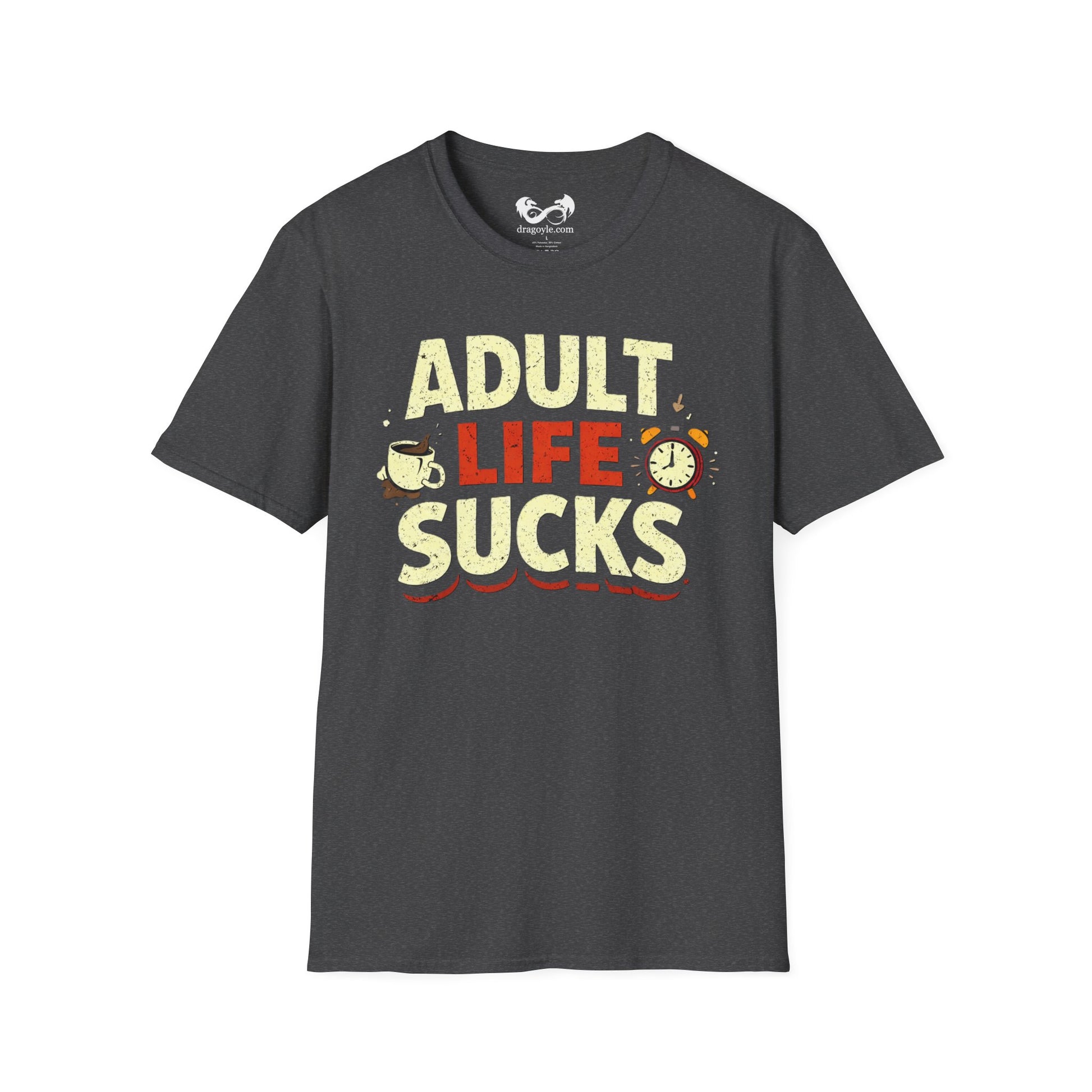 Gray t-shirt with 'Adult Life Sucks' text on a white background
