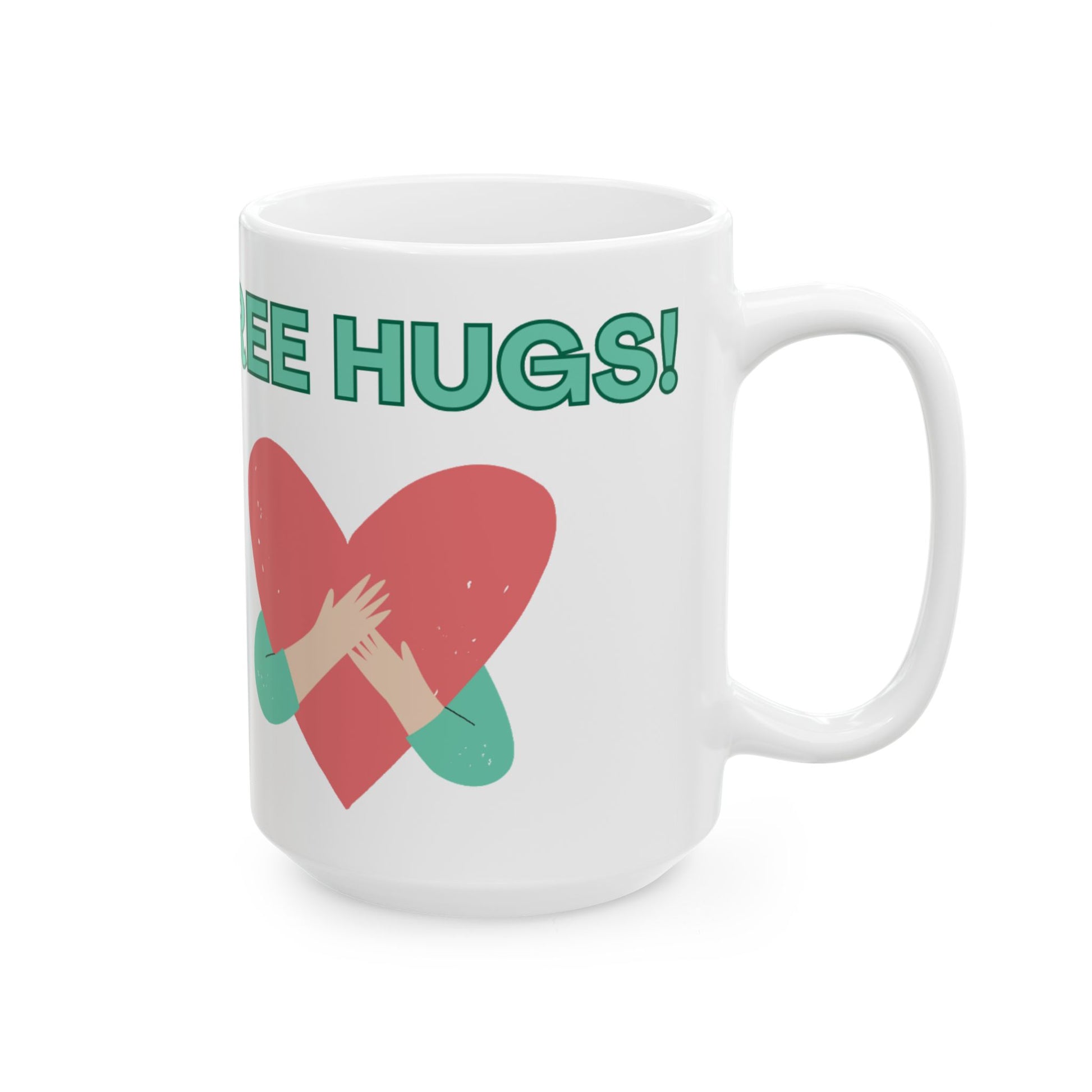 White mug with a red heart and hands hugging, and 'FREE HUGS!' text on a white background