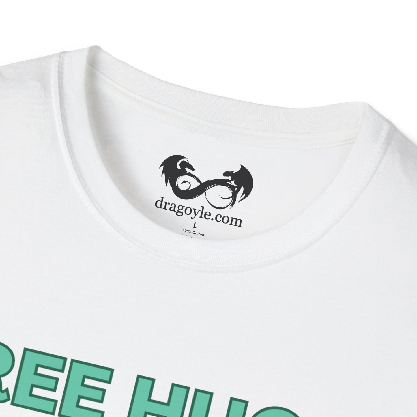 White t-shirt with green text and a black logo on a white background