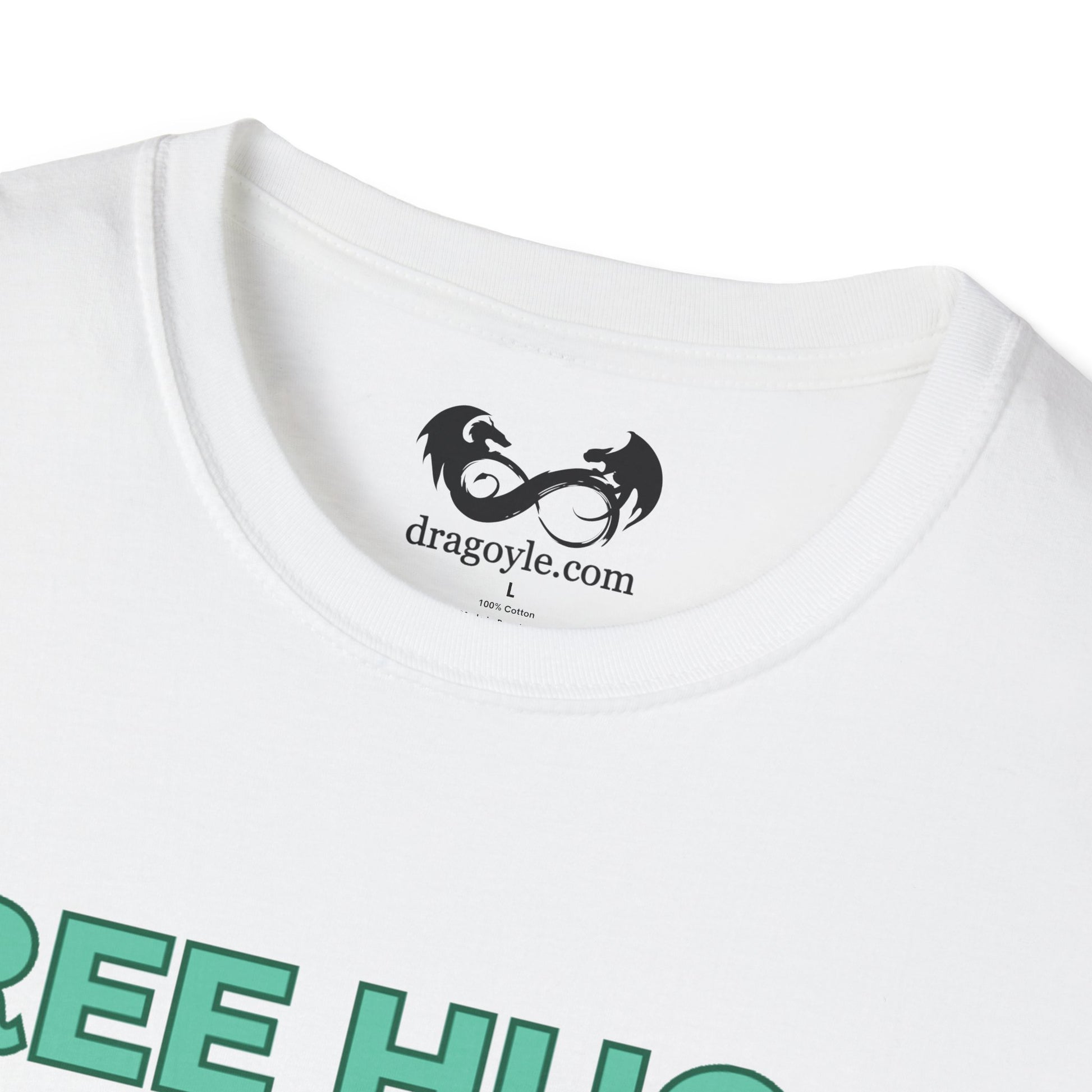 White t-shirt with green text and a black logo on a white background