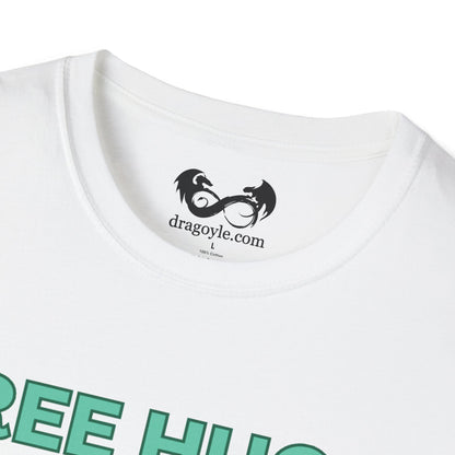 White t-shirt with green text and a black logo on a white background