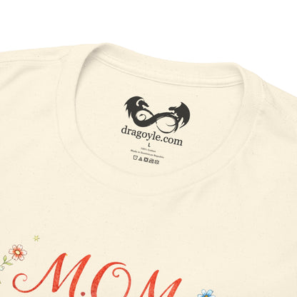 Beige t-shirt with 'dragoyle.com' logo and 'MOM' text on a white background