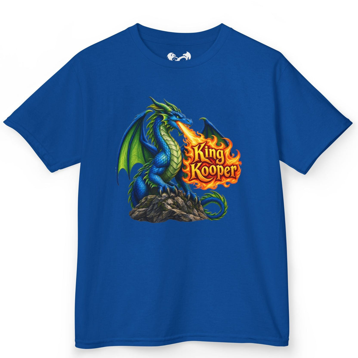 A royal blue short-sleeve t-shirt with a graphic of a blue and green dragon breathing fire, with the text 'King Kooper' in orange flames. The shirt is displayed flat against a solid white background.