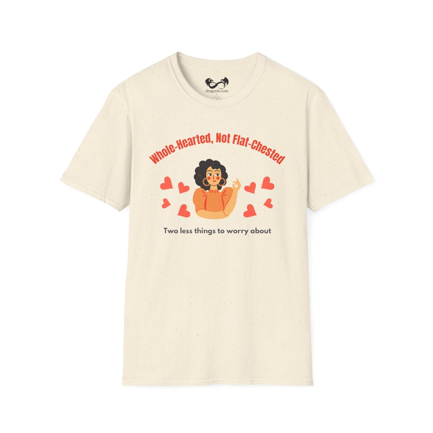 Beige t-shirt with graphic design and text on a white background